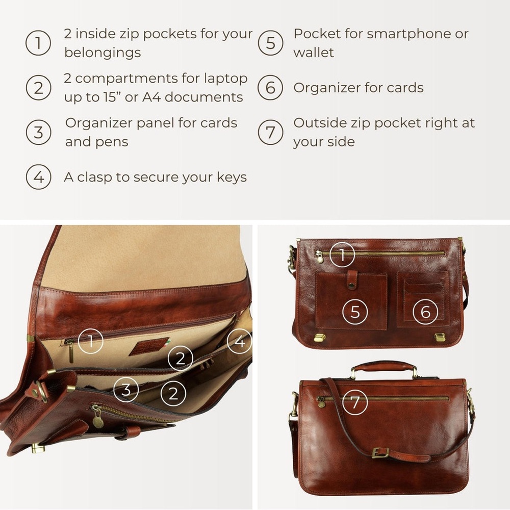 Real Leather Time Resistance Messenger Laptop Briefcase Bag - Picture 9 of 10